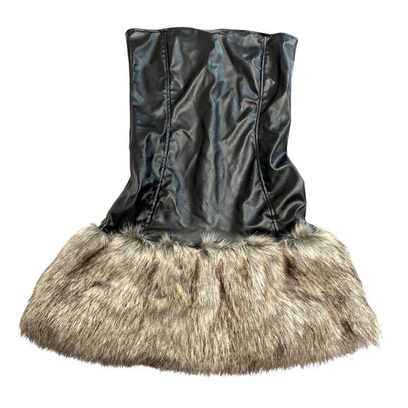 Cowboys of Habit Faux Fur Hem Bandeau Faux Leather Mini Dress in Black - Picture 1 of 5